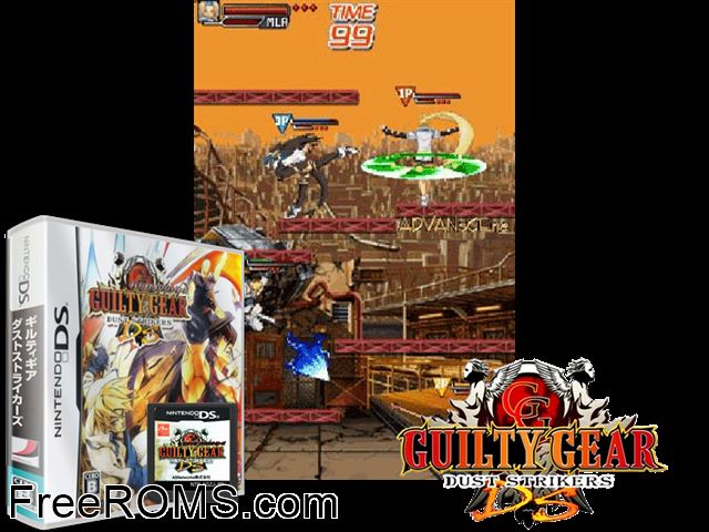 Guilty Gear Dust Strikers Japan NDS game showing 3D box cover and gameplay screenshot
