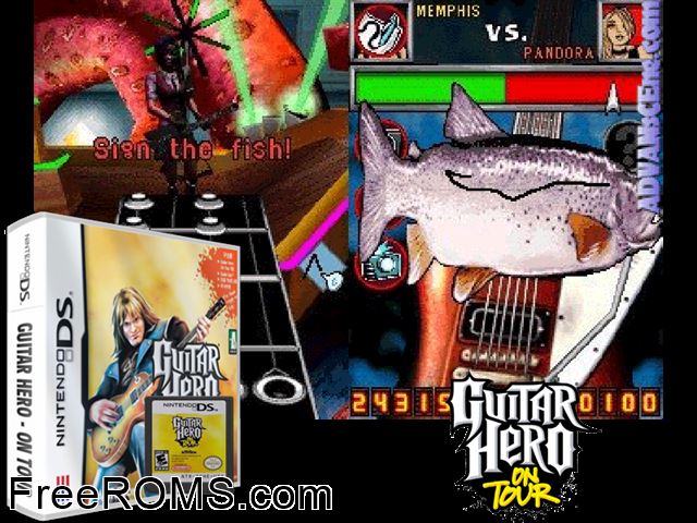 Guitar Hero - On Tour NDS game showing 3D box cover and gameplay screenshot