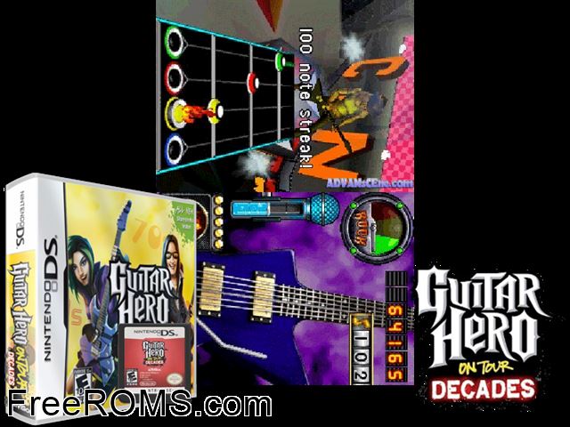 Guitar Hero - On Tour - Decades NDS game showing 3D box cover and gameplay screenshot