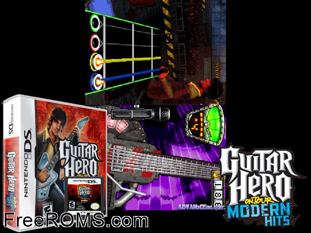 Guitar Hero - On Tour - Modern Hits Europe NDS game showing 3D box cover and gameplay screenshot
