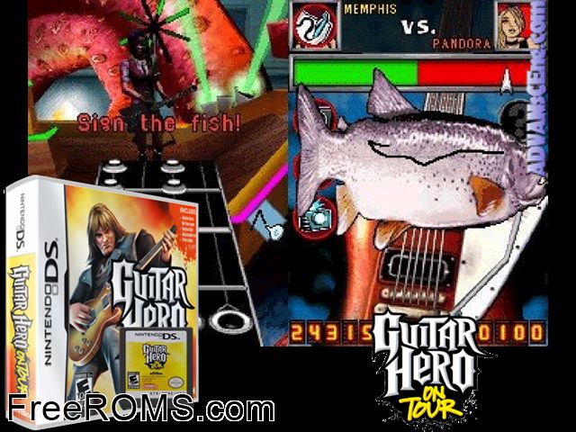 Guitar Hero - On Tour Europe NDS game showing 3D box cover and gameplay screenshot