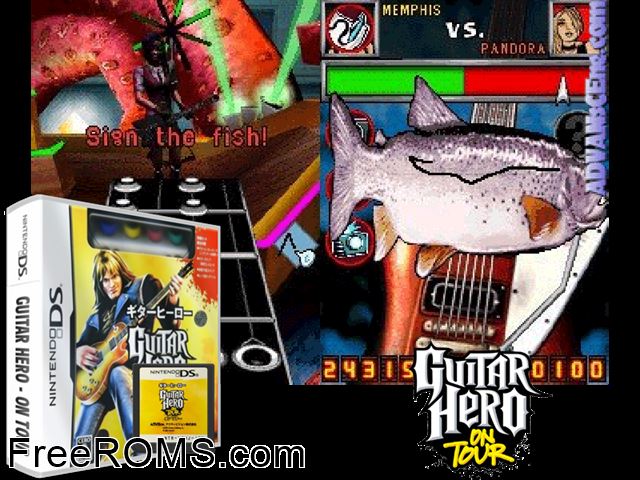 Guitar Hero - On Tour Japan NDS game showing 3D box cover and gameplay screenshot