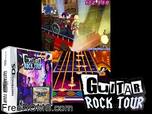 Guitar Rock Tour Europe NDS game showing 3D box cover and gameplay screenshot