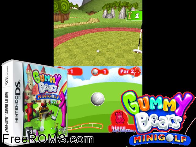 Gummy Bears Mini Golf NDS game showing 3D box cover and gameplay screenshot