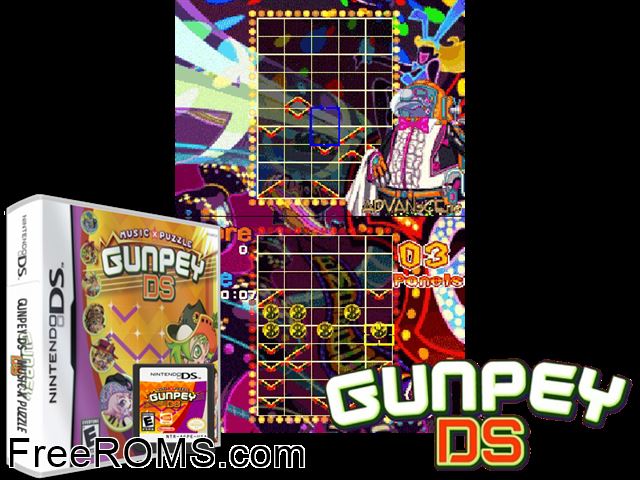 Gunpey DS NDS game showing 3D box cover and gameplay screenshot