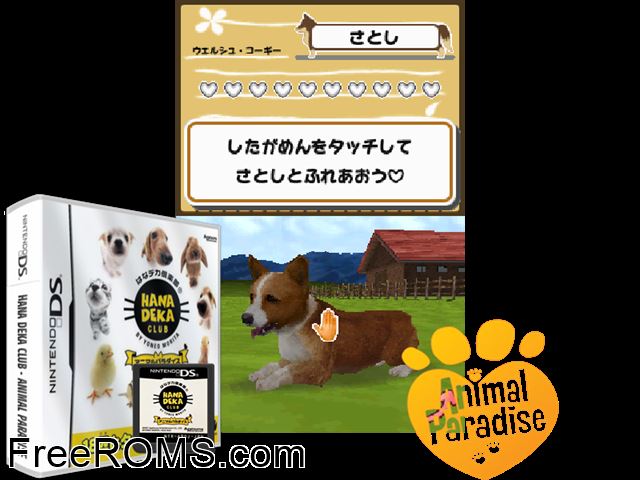 Hana Deka Club - Animal Paradise Japan NDS game showing 3D box cover and gameplay screenshot
