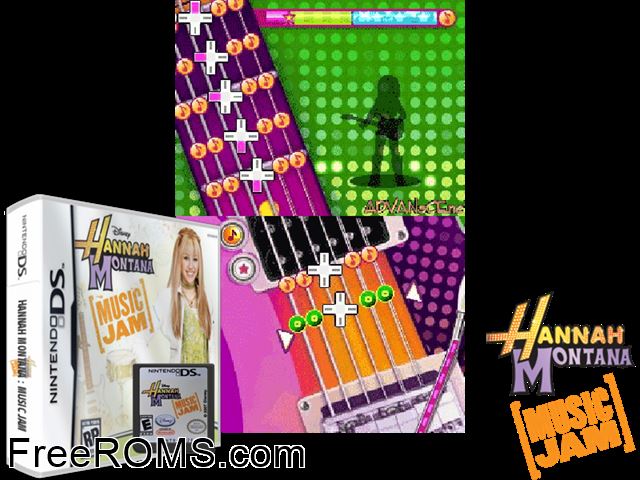 Hannah Montana - Music Jam Europe NDS game showing 3D box cover and gameplay screenshot