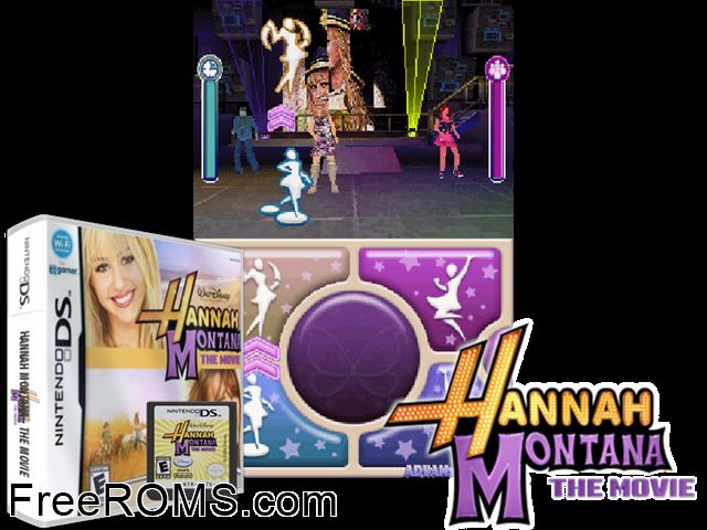 Hannah Montana - The Movie NDS game showing 3D box cover and gameplay screenshot