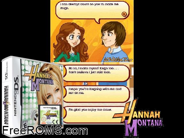 Hannah Montana Europe NDS game showing 3D box cover and gameplay screenshot