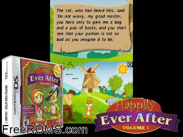Happily Ever After Volume 1 NDS game showing 3D box cover and gameplay screenshot