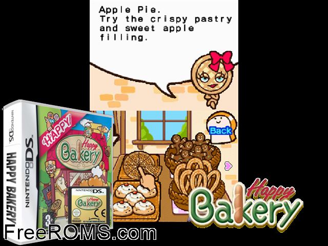 Happy Bakery Europe NDS game showing 3D box cover and gameplay screenshot