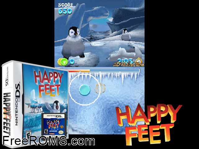 Happy Feet NDS game showing 3D box cover and gameplay screenshot