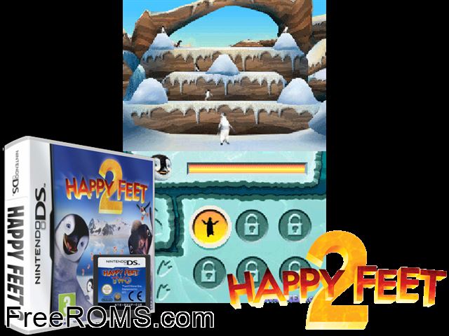 Happy Feet 2 Europe NDS game showing 3D box cover and gameplay screenshot
