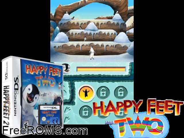Happy Feet Two NDS game showing 3D box cover and gameplay screenshot