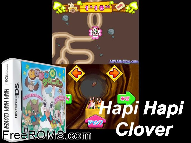 Happy Happy Clover Japan NDS game showing 3D box cover and gameplay screenshot