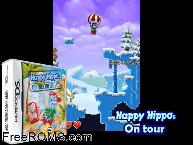 Happy Hippos on Tour Europe NDS game showing 3D box cover and gameplay screenshot