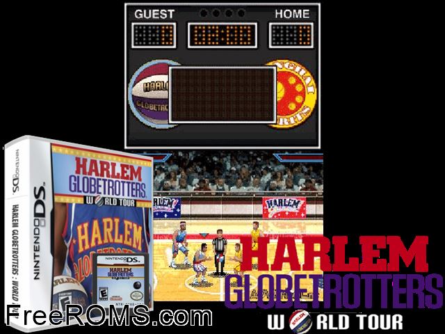 Harlem Globetrotters - World Tour NDS game showing 3D box cover and gameplay screenshot