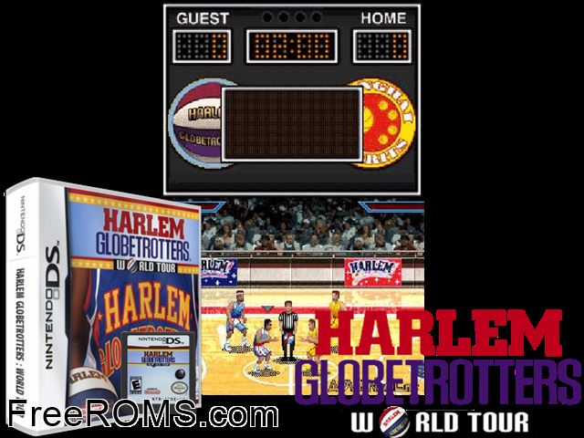 Harlem Globetrotters - World Tour Europe NDS game showing 3D box cover and gameplay screenshot