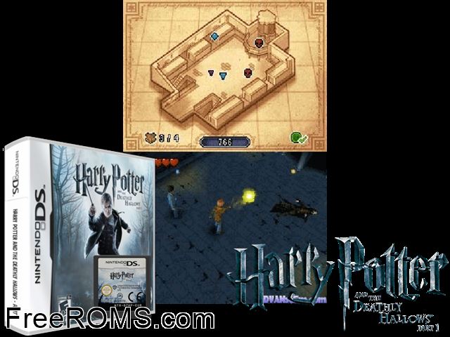 Harry Potter and the Deathly Hallows - Part 1 Europe NDS game showing 3D box cover and gameplay screenshot