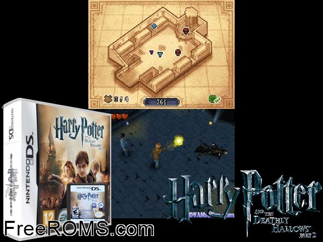 Harry Potter and the Deathly Hallows - Part 2 Europe NDS game showing 3D box cover and gameplay screenshot