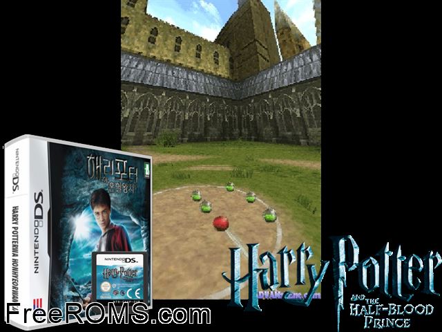 Harry Potter and the Half-Blood Prince NDS game showing 3D box cover and gameplay screenshot