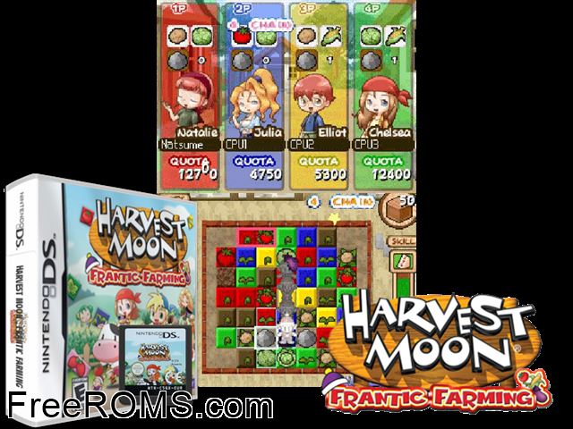 Harvest Moon - Frantic Farming Europe NDS game showing 3D box cover and gameplay screenshot