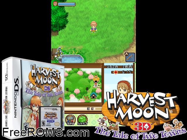 Harvest Moon - The Tale of Two Towns Europe NDS game showing 3D box cover and gameplay screenshot