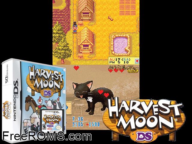 Harvest Moon DS NDS game showing 3D box cover and gameplay screenshot