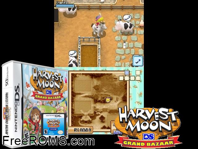 Harvest Moon DS - Grand Bazaar NDS game showing 3D box cover and gameplay screenshot