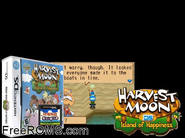 Harvest Moon DS - Island of Happiness NDS game showing 3D box cover and gameplay screenshot