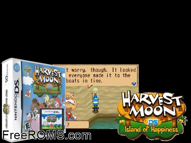 Harvest Moon DS - Island of Happiness Europe NDS game showing 3D box cover and gameplay screenshot