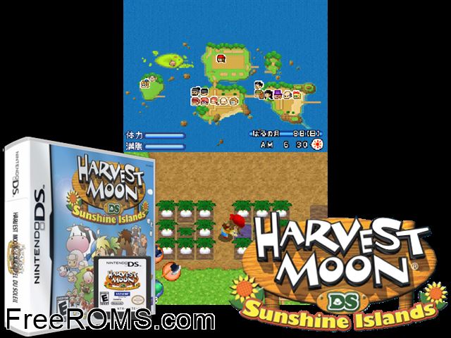 Harvest Moon DS - Sunshine Islands Europe NDS game showing 3D box cover and gameplay screenshot