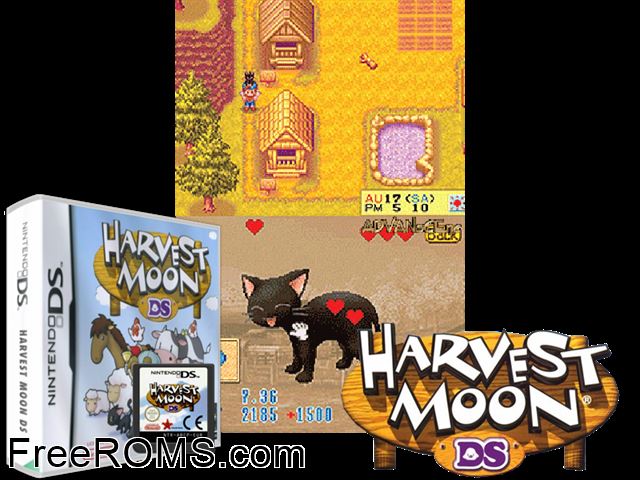 Harvest Moon DS Europe NDS game showing 3D box cover and gameplay screenshot