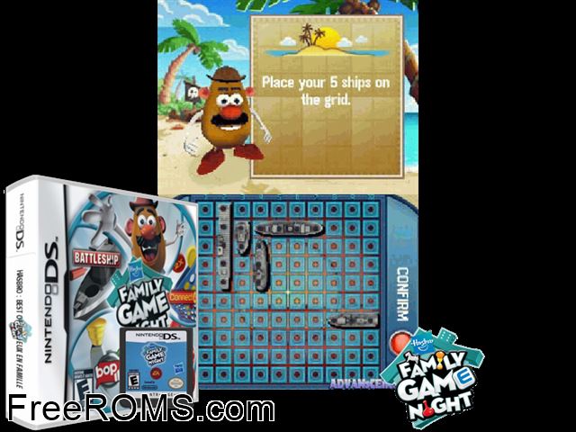 Hasbro Family Game Night Europe NDS game showing 3D box cover and gameplay screenshot