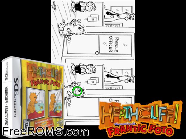 Heathcliff Frantic Foto NDS game showing 3D box cover and gameplay screenshot