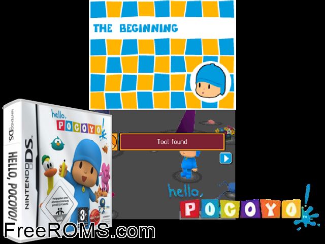 Hello, Pocoyo! Europe NDS game showing 3D box cover and gameplay screenshot