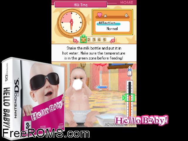 Hello Baby! Europe NDS game showing 3D box cover and gameplay screenshot