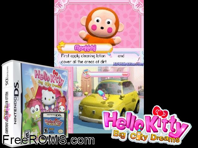 Hello Kitty - Big City Dreams NDS game showing 3D box cover and gameplay screenshot