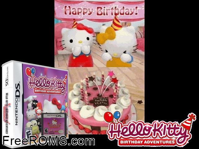 Hello Kitty - Birthday Adventures Europe NDS game showing 3D box cover and gameplay screenshot