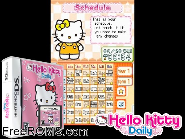 Hello Kitty - Daily NDS game showing 3D box cover and gameplay screenshot