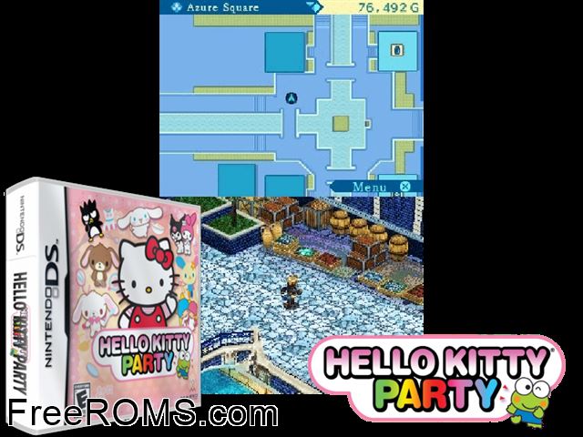 Hello Kitty - Party NDS game showing 3D box cover and gameplay screenshot