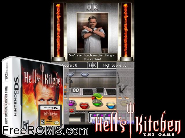 Hells Kitchen - The Game NDS game showing 3D box cover and gameplay screenshot