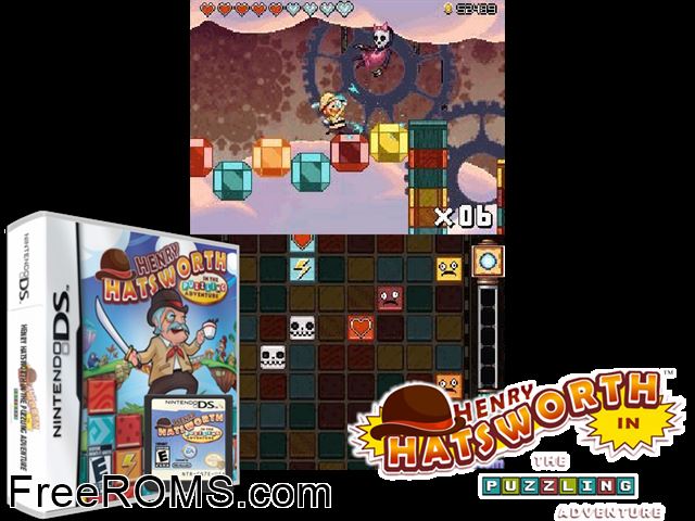 Henry Hatsworth in the Puzzling Adventure Europe NDS game showing 3D box cover and gameplay screenshot