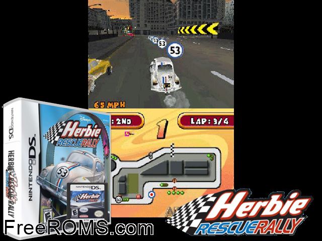 Herbie Rescue Rally NDS game showing 3D box cover and gameplay screenshot