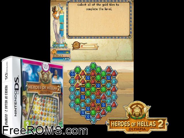 Heroes of Hellas 2 - Olympia Europe NDS game showing 3D box cover and gameplay screenshot