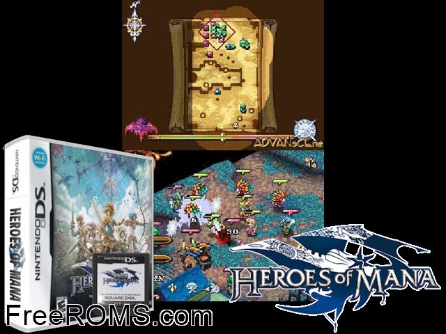 Heroes of Mana NDS game showing 3D box cover and gameplay screenshot
