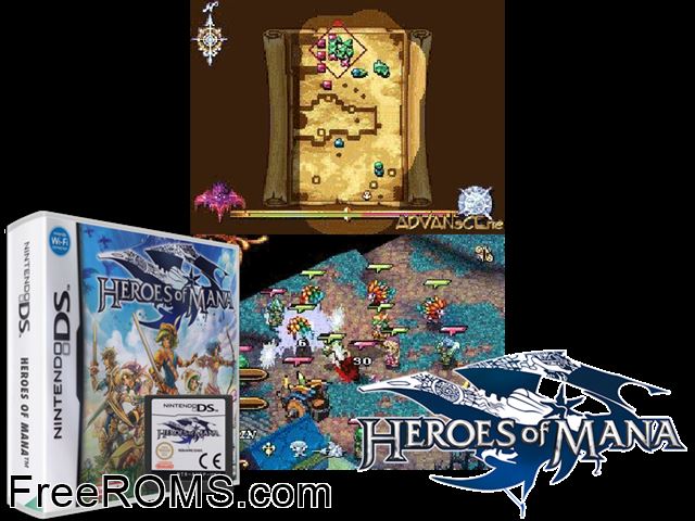 Heroes of Mana Europe NDS game showing 3D box cover and gameplay screenshot