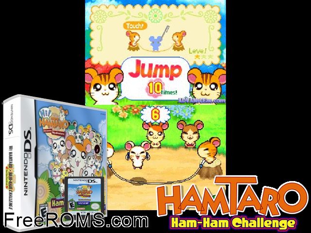 Hi! Hamtaro - Ham-Ham Challenge Europe NDS game showing 3D box cover and gameplay screenshot