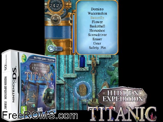Hidden Expedition - Titanic Europe NDS game showing 3D box cover and gameplay screenshot