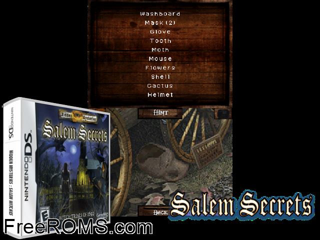 Hidden Mysteries - Salem Secrets - Witch Trials of 1692 NDS game showing 3D box cover and gameplay screenshot